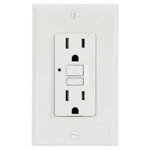 White GFCI electrical outlet with reset and test buttons.