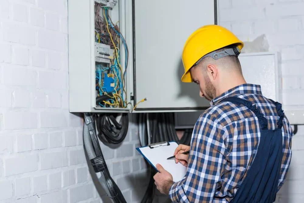 Electrician wearing a yellow hard hat inspecting an open electrical panel and taking notes.