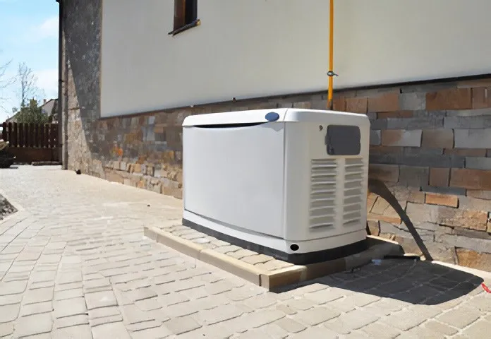 Outdoor backup generator installed beside a house on a stone platform.