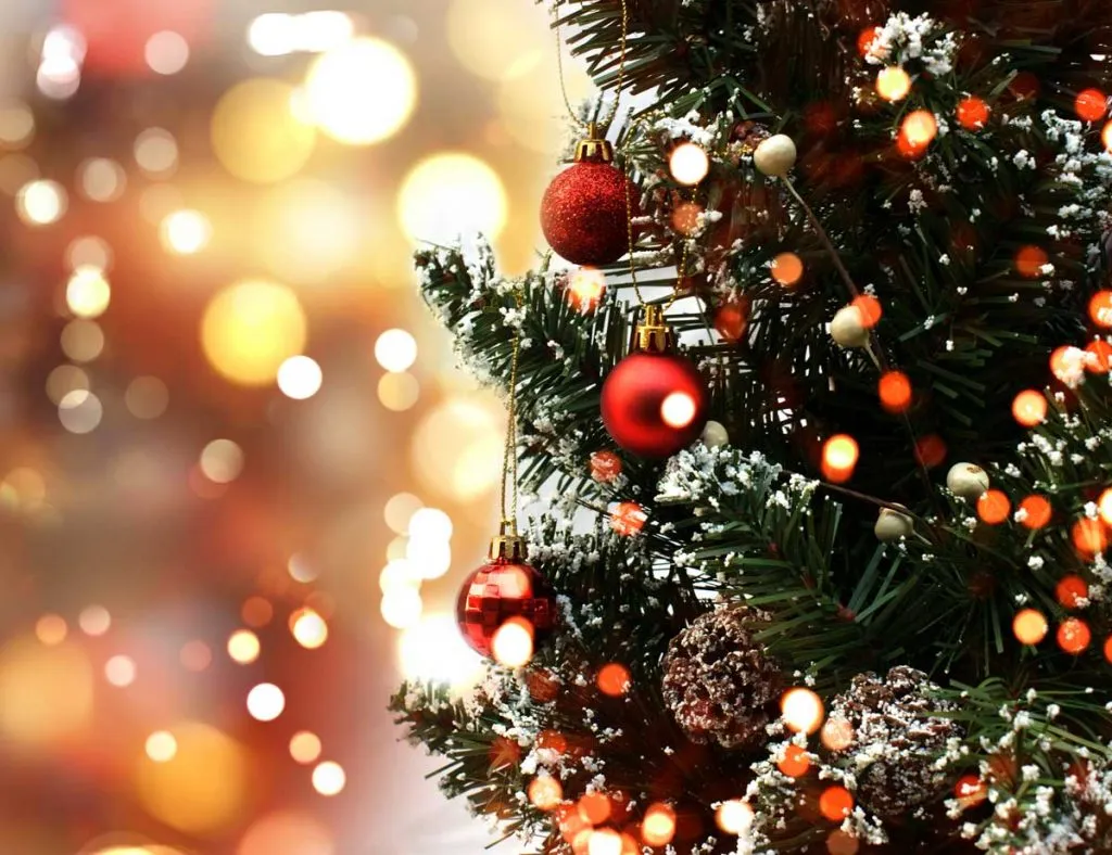 Close-up of a Christmas tree with red ornaments, pinecones, and warm lights.