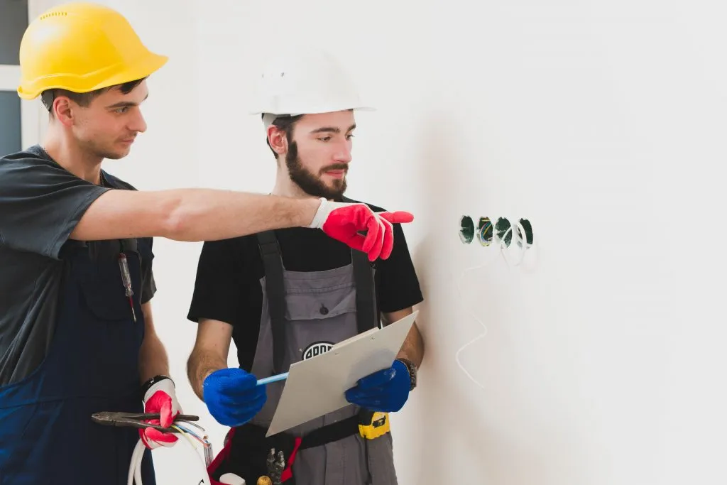 Two electricians in hard hats and gloves discussing wiring installation on a wall.