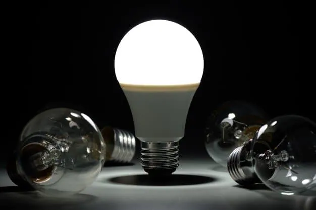 Glowing LED light bulb surrounded by unlit incandescent bulbs.