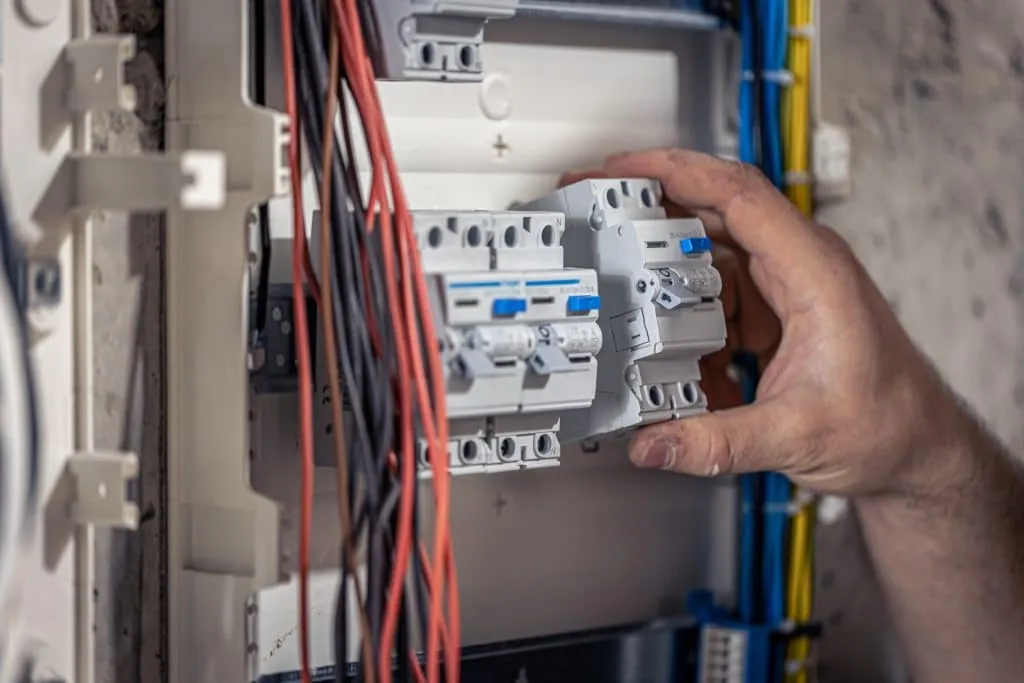 Hand installing components inside an electrical panel with visible wires.
