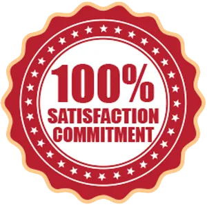 Red badge icon displaying “100% Satisfaction Commitment.”