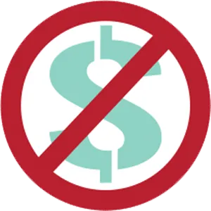 Icon showing a crossed-out dollar sign, indicating no extra fees or charges.