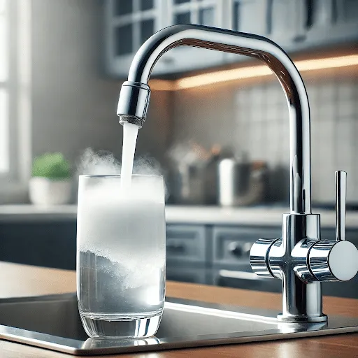 Glass being filled with water from a modern kitchen faucet.