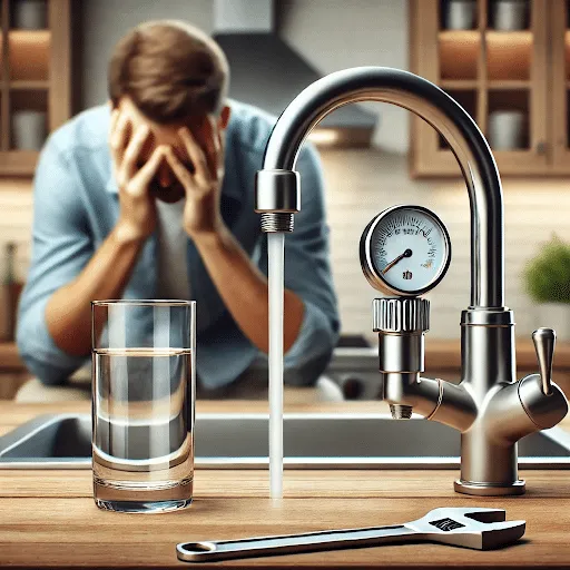 Frustrated homeowner facing low water pressure issue at kitchen sink with gauge attached to faucet.